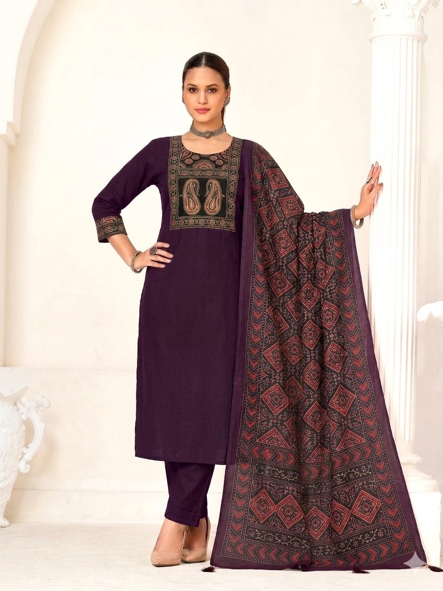 1781958422416 Deep Purple cotton Ethnic Kurta Set - Image 1