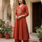 Rust Orange Embroidered A-Line Kurta & Palazzo Set