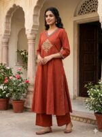 Rust Orange Embroidered A-Line Kurta & Palazzo Set