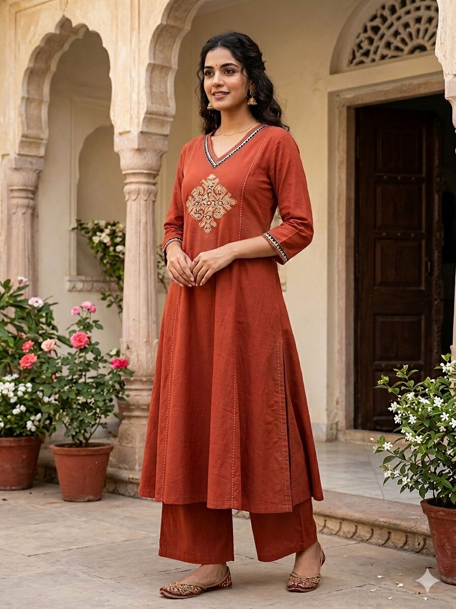 1781969178660 Rust Orange Embroidered A-Line Kurta & Palazzo Set - Image 1