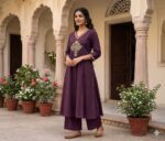 Deep Plum Embroidered A-Line Kurta & Palazzo Set