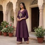 Deep Plum Embroidered A-Line Kurta & Palazzo Set