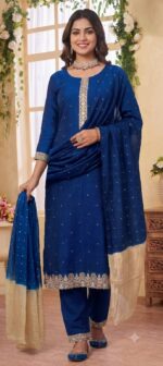 Royal Blue Chanderi Silk Embroidered Kurta, Pant & Dupatta Set