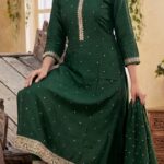 Bottle Green Chanderi Silk Embroidered Kurta, Pant & Dupatta Set