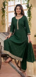 Bottle Green Chanderi Silk Embroidered Kurta, Pant & Dupatta Set