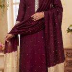Maroon Chanderi Silk Embroidered Kurta, Pant & Dupatta Set