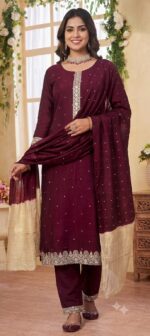 Deep Maroon Chanderi Silk Embroidered Kurta, Pant & Dupatta Set