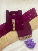 Maroon Chanderi Silk Embroidered Kurta, Pant & Dupatta Set - Image 2