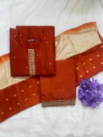 Orange Chanderi Silk Embroidered Kurta, Pant & Dupatta Set - Image 2