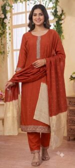 Orange Chanderi Silk Embroidered Kurta, Pant & Dupatta Set