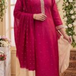 Rani Pink Chanderi Silk Embroidered Kurta, Pant & Dupatta Set