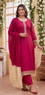 Rani Pink Chanderi Silk Embroidered Kurta, Pant & Dupatta Set