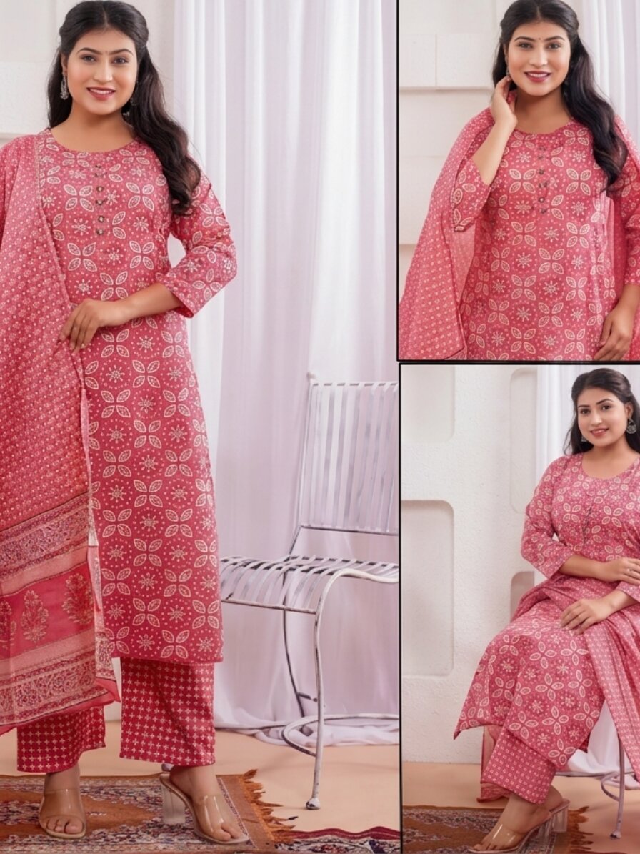 3pieceRose1 Rose Pink Floral 3-Piece Cotton Suit Set - Image 1