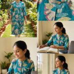 Avaasa Women's Straight Cotton Kurta - Teal Blue Tropical Botanical