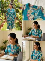 Avaasa Women's Straight Cotton Kurta - Teal Blue Tropical Botanical