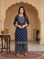 Indigo Blue Cotton Printed Kurta & Palazzo Pant Set