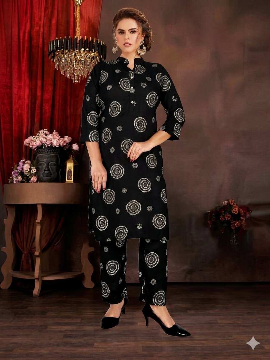 CoordBlack1 Jet Black & Ivory Bandhani Mandala Printed Cotton Kurta & Pant Set - Image 1