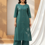 Minimalist Floral Line-Art Kurta & Palazzo Set - Sea Green