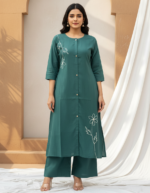 Minimalist Floral Line-Art Kurta & Palazzo Set - Sea Green