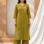 Minimalist Leaf Line-Art Kurta & Palazzo Set - Olive Green