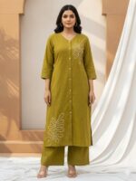 Minimalist Leaf Line-Art Kurta & Palazzo Set - Olive Green