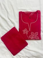 Kantha Style Floral Embroidered Kurta & Palazzo Set - Rani Pink - Image 2
