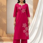 Kantha Style Floral Embroidered Kurta & Palazzo Set - Rani Pink