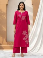 Kantha Style Floral Embroidered Kurta & Palazzo Set - Rani Pink
