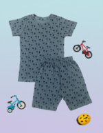 Pure Cotton Half Sleeves Dusty Blue Velocity Print T-shirt & Shorts