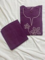 Kantha Style Floral Embroidered Kurta & Palazzo Set - Deep Grape Purple - Image 2