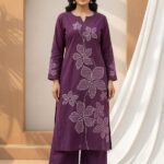 Kantha Style Floral Embroidered Kurta & Palazzo Set - Deep Grape Purple