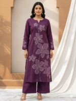 Kantha Style Floral Embroidered Kurta & Palazzo Set - Deep Grape Purple