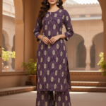 Deep Purple & Ivory Printed Straight Kurta with Palazzo Set