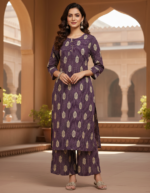 Deep Purple & Ivory Printed Straight Kurta with Palazzo Set