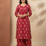 Brick Red & Ivory Printed Straight Kurta with Palazzo Set