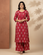 Brick Red & Ivory Printed Straight Kurta with Palazzo Set