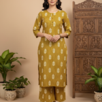 Mustard Yellow & Ivory Printed Straight Kurta with Palazzo Set