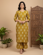 Mustard Yellow & Ivory Printed Straight Kurta with Palazzo Set