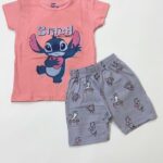 Girls Cotton Half Sleeves Pink & Slate Grey Print T-shirt & shorts
