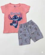 Girls Cotton Half Sleeves Pink & Slate Grey Print T-shirt & shorts