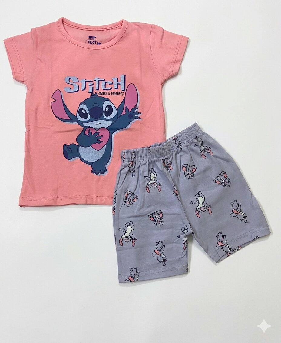 GSet_Pink & Slate Grey Girls Cotton Half Sleeves Pink & Slate Grey Print T-shirt & shorts - Image 1