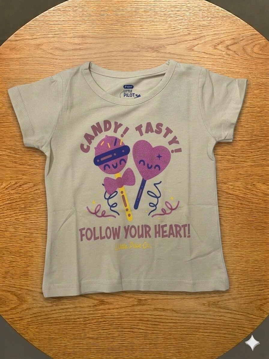 GTshirt_Grey Girls Cotton Crew Neck Printed T-Shirt – Candy love - Image 1