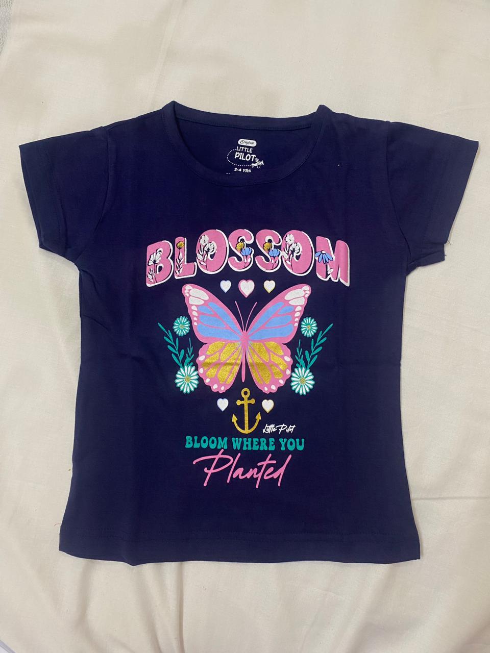 GTshirt_RoyalBlu Girls Cotton Crew Neck Printed T-Shirt – Blossom Butterflies - Image 1