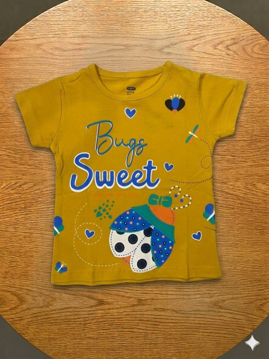 GTshirt_Yellow Girls Cotton Crew Neck Printed T-Shirt – Sweet Bug - Image 1