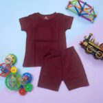 Girls Cotton Burgundy Printed T-shirt & shorts