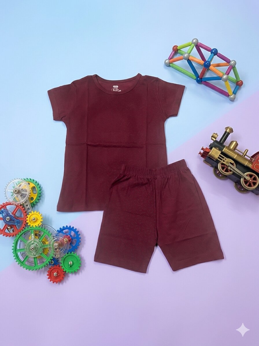Gcord_Bargundy Girls Cotton Burgundy Printed T-shirt & shorts - Image 1