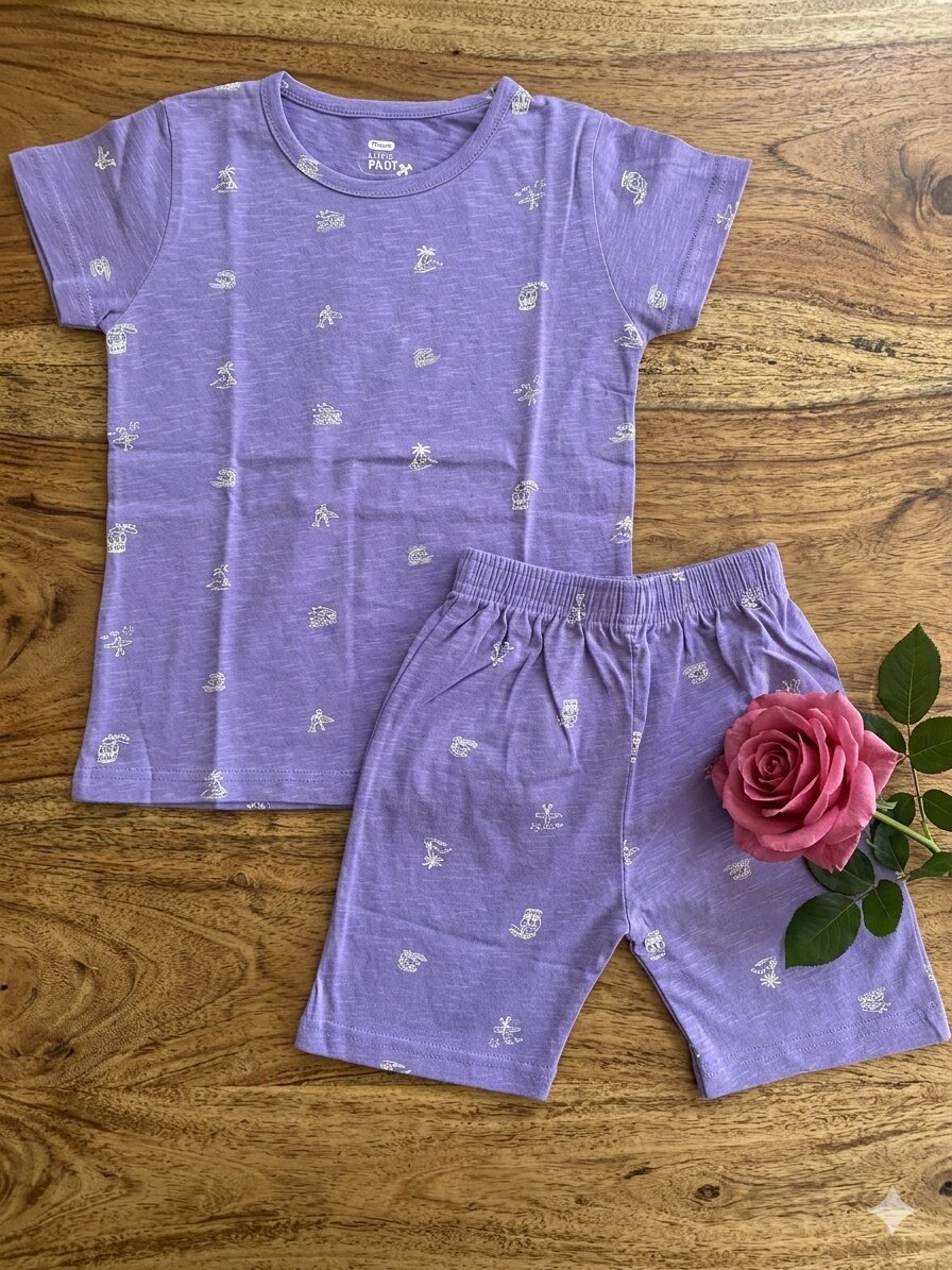 Gcord_Lavender Palm Girls Cotton Lavender Palm Printed T-shirt & shorts - Image 1