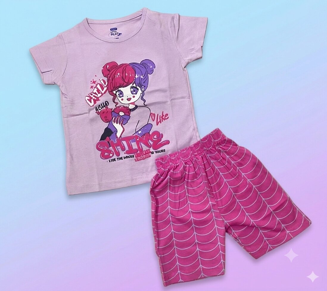 Gset_Pink Girls Cotton Half Sleeves Pink Print T-shirt & shorts - Image 1