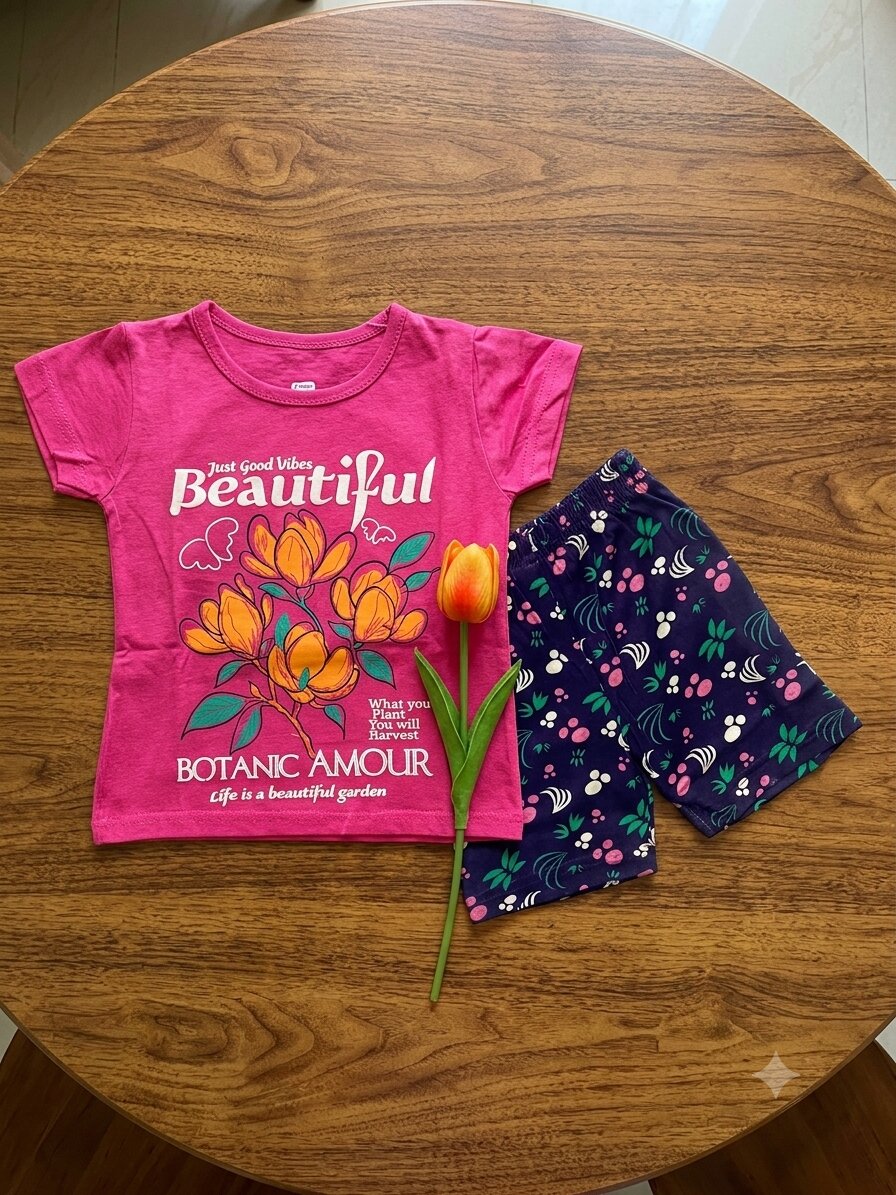 Gset_PinkBlue Girls Cotton Half Sleeves Pink & Blue Print T-shirt & shorts - Image 1