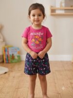 Girls Cotton Half Sleeves Pink & Blue Print T-shirt & shorts - Image 2